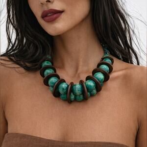 NWT Bold Turquoise Wood Statement Necklace on Genuine Leather Cord, Chunky Jewel
